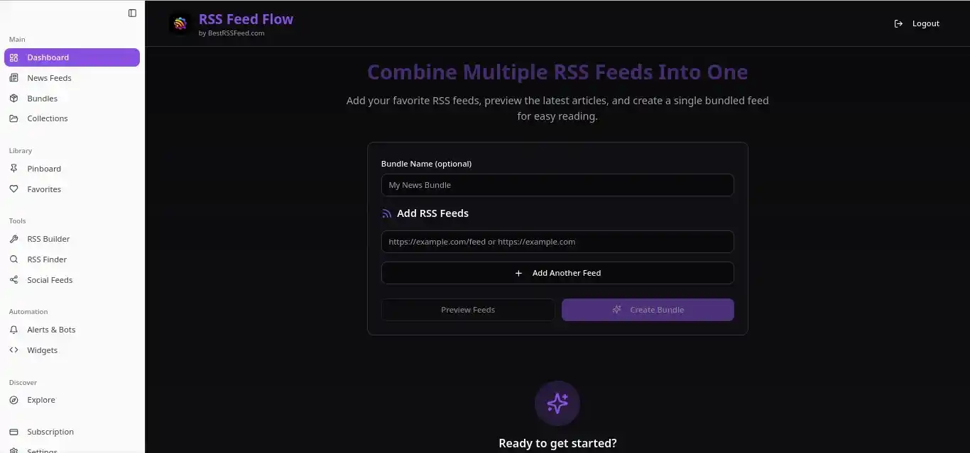 RSS Feed Flow Dashboard - Combine multiple RSS feeds into one unified feed with an intuitive interface