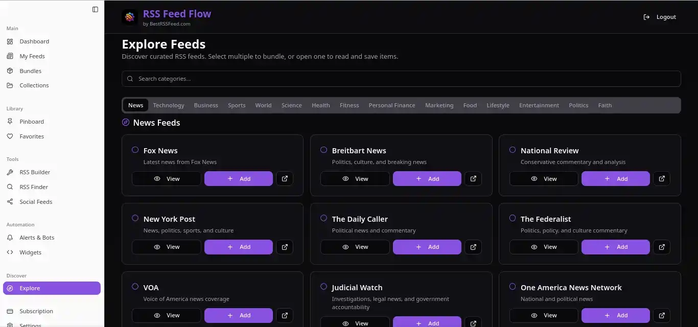 BestRSSFeed Explore page showing curated RSS feeds and discoverable feed categories