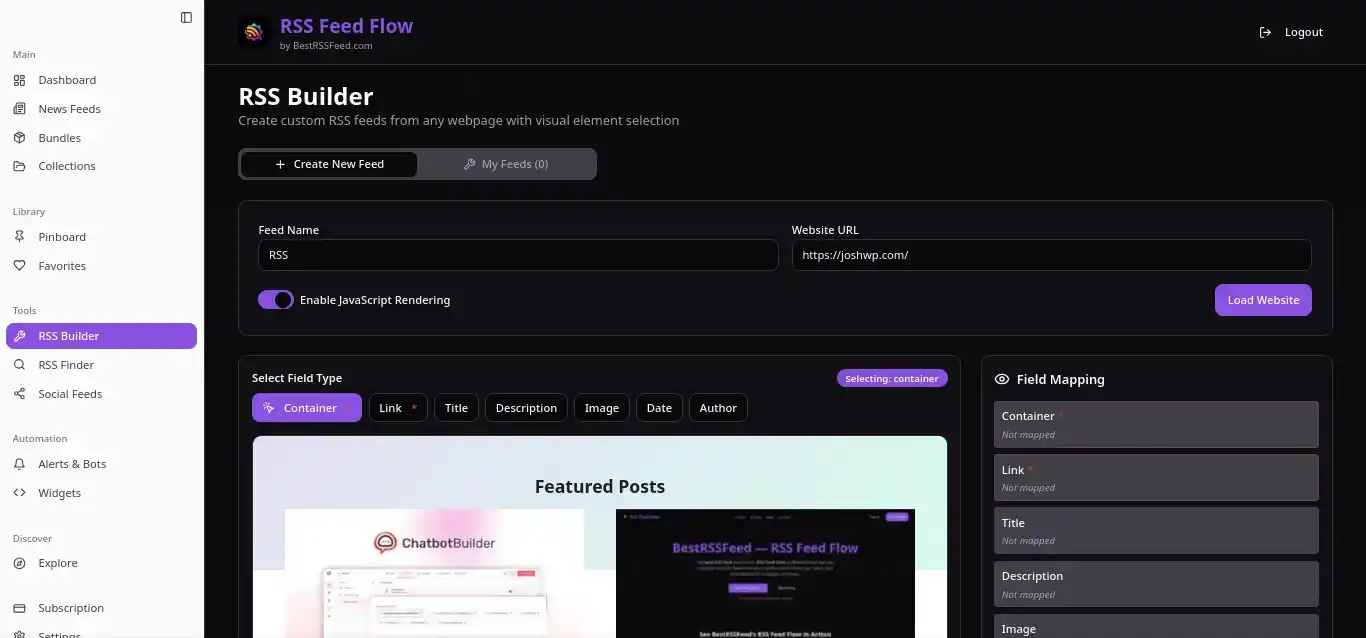 RSS Feed Flow RSS Builder - Create custom RSS feeds from any webpage with visual element selection